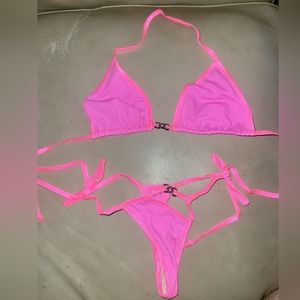 NWOT Handmade 2pc Tri-Top Cut Out Tie-Side Thong Bottom Light Purple Pink Bikini